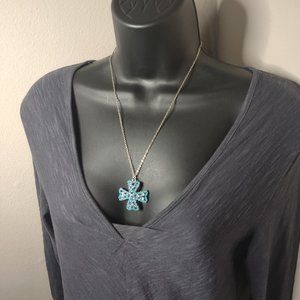 Cute Blue Cross Metal Pendant Necklace 20 1/4 Inches